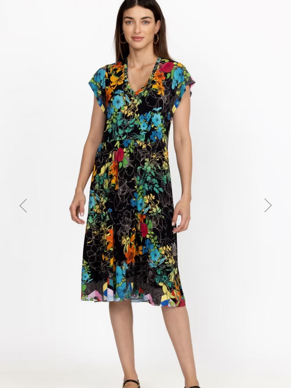 Johnny Was Black Midi Dress with Multicolor Floral Print